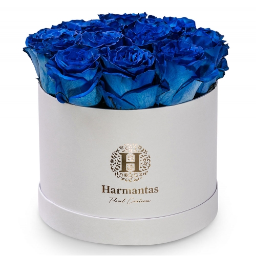 Blue roses on a white box